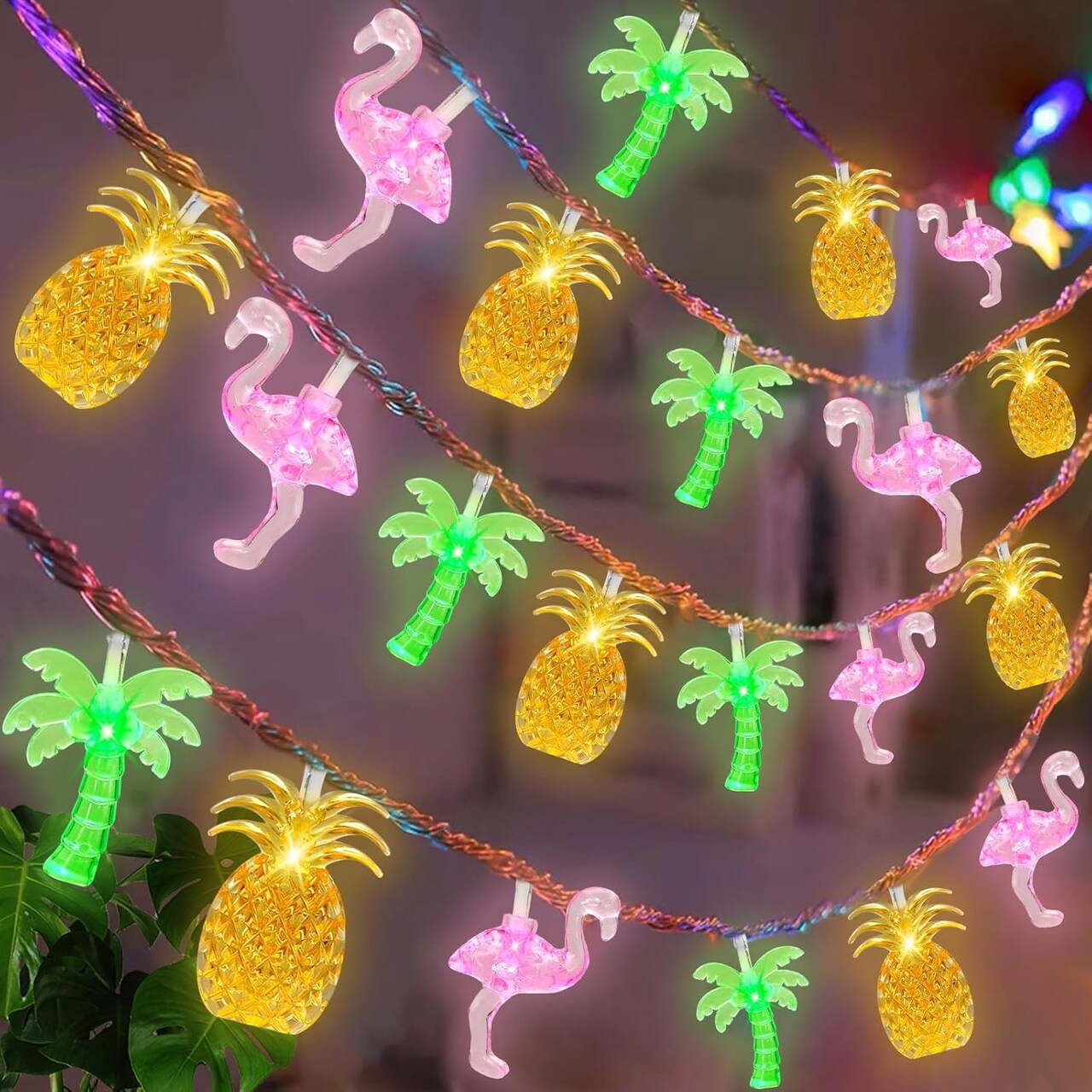 30 LED Tropical Summer String Lights – 16Ft Flamingo, Pineapple & Palm Tree Fairy Lights with 8 Modes & Timer – Battery Operated Beach, Pool & Luau Party Decor